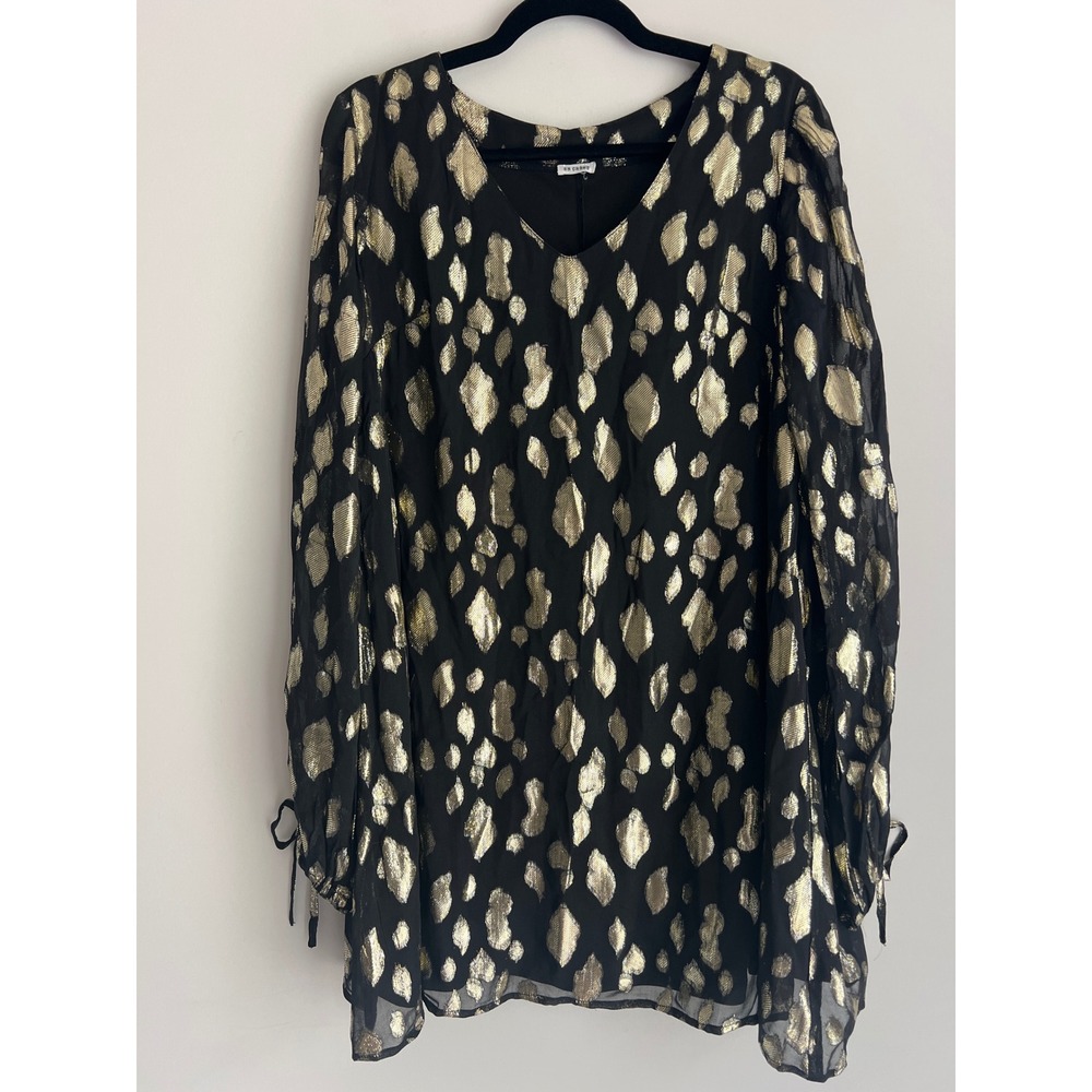 En Creme Black Gold Metallic Tunic Mini Dress Long Sleeve Boho V-Neck‎ No size